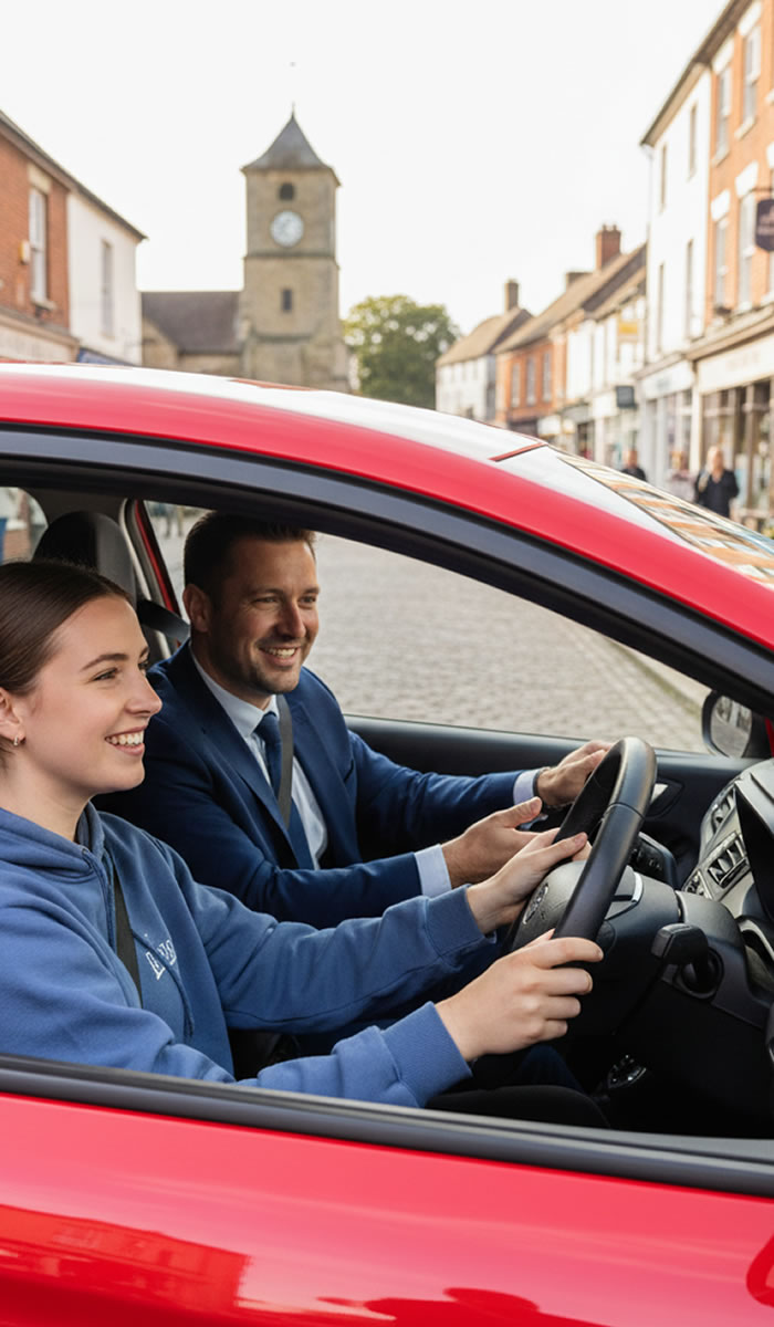 A professional driving instructor and a student inside a car.
